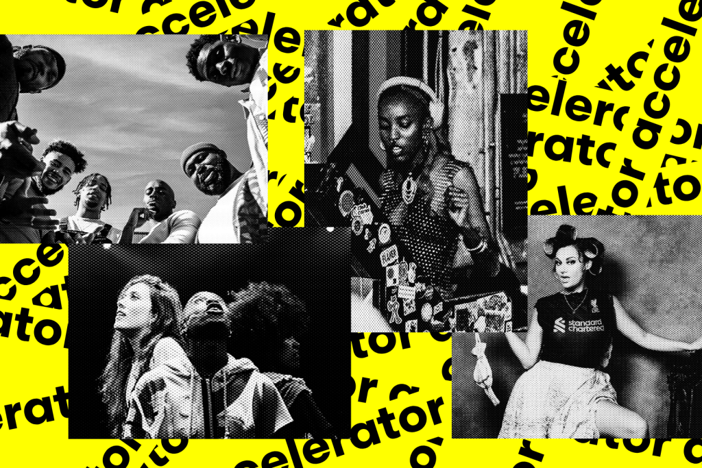 a yellow background with black text that says 'accelerator' repeatedly and crossing over itself. On top are 4 black and white images of a range of artists doing performances